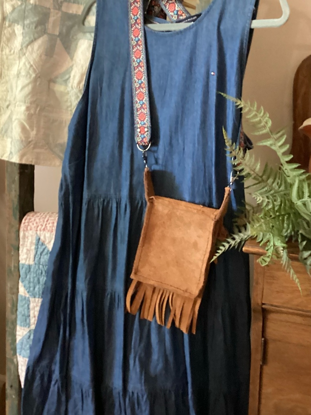 Boho Leather Fringe Crossbody with Leaf Applique - Brown - Picture 3 of 9